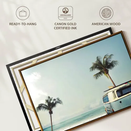 Vista 6 de ElephantStock - Retro Surf Van Wall Art - Horizontal Floating Framed Canvas - Living Room Wall Decor - Photography Beach Framed Canvas Art - Blue