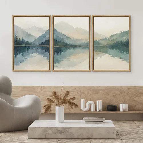 Vista 4 de SIGNWIN Lienzo enmarcado para pared, juego de arte tranquilo con reflejo de lago, acuarela, montaña y agua, ilustraciones modernas, arte abstracto
