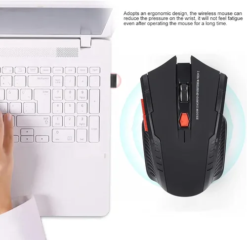 Vista 4 de Pomya Ratón de juego inalámbrico, mouse ergonómico para computadora, mouse óptico para computadora portátil, 2.4 GHz, 6 teclas, DPI ajustable, negro