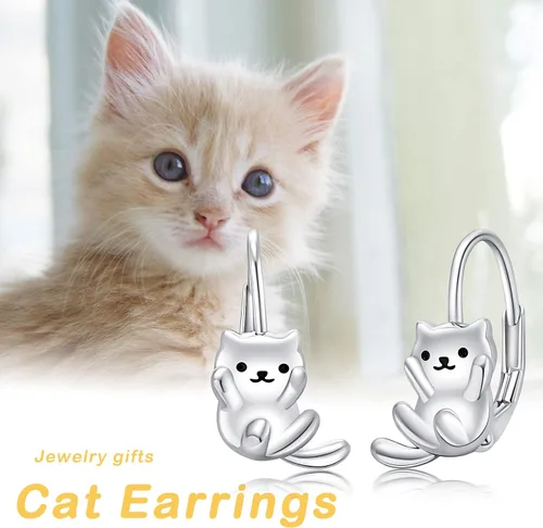 Vista 7 de Aretes de plata de ley 925 con diseño de gato, bonitos aretes de gato con diseño de gatito, joyería de regalo para mujeres y niñas, aretes