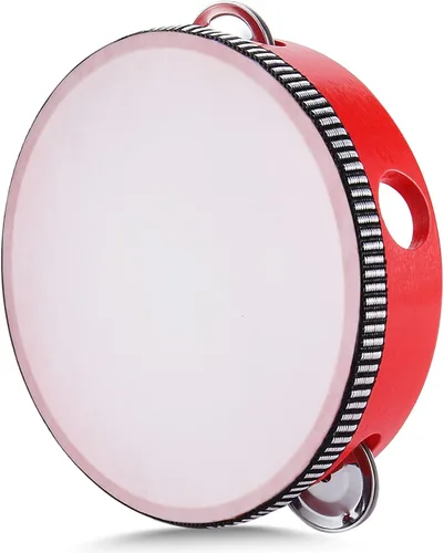 Vista 26 de Flexzion Pandereta de madera de mano para adultos de 6 pulgadas, doble fila de 8 pares de jingles (rojo) - Instrumento musical de pandereta redonda