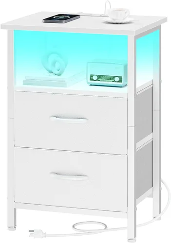 Vista 13 de Vagusicc Nightstand with Charging Station, End Table Bedside Table with 2 Fabric Drawers, Black Night Stand with USB Ports & Outlets, 24.2" Tall Bed