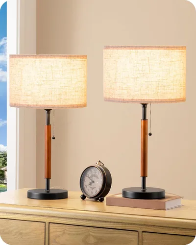 Vista 9 de EDISHINE Juego de 2 lámparas de mesa de mediados de siglo, lámpara de noche con interruptor de cadena, pantalla de lino, poste de madera maciza