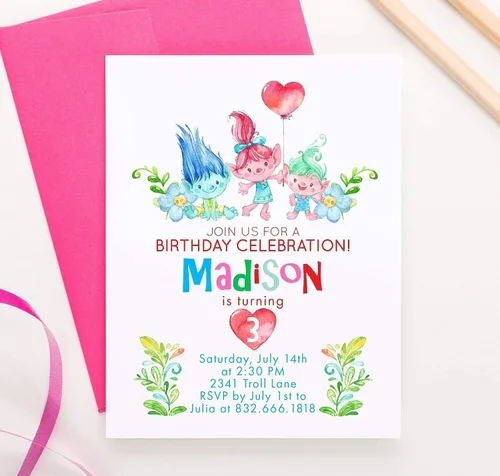 Vista 2 de Modern Pink Paper Invitaciones personalizadas para fiestas de cumpleaños de Trolls, invitaciones de cumpleaños de Trolls, invitaciones de cumpleaños
