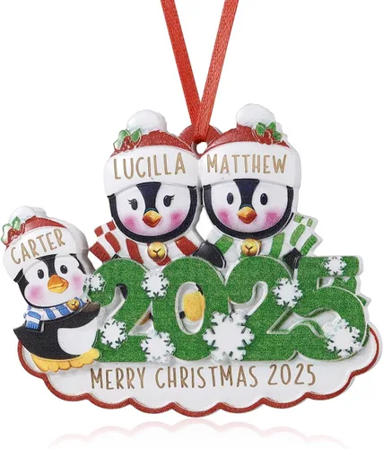 Vista 14 de Adornos de Navidad personalizados, adornos para árbol de Navidad, familia de 2 a 7 nombres, muñeco de nieve, ciervo, decoración de Navidad