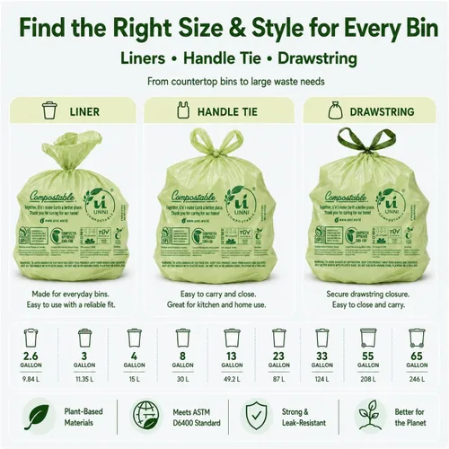 Vista 9 de Bolsas de basura compostables UNNI, 2.6 galones / 9.84 litros, 100 unidades, extra gruesas de 0.71 mil, forros para contenedores pequeños de restos