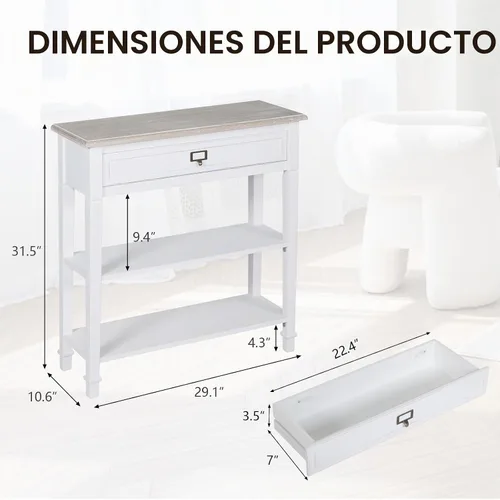 Vista 2 de kinbor Accent - Mesa consola blanca con cajón y estante, mesa de sofá de madera con almacenamiento para entrada, pasillo, sala de estar