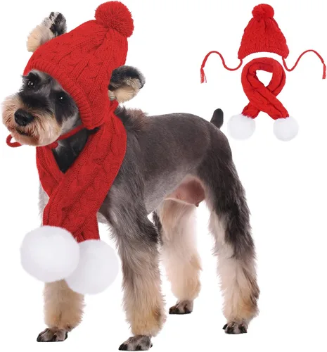 Vista 7 de Kuoser Juego de gorro y bufanda de invierno para perros, gorro tejido para mascotas, gorro cálido de Navidad, accesorios bonitos, bufanda