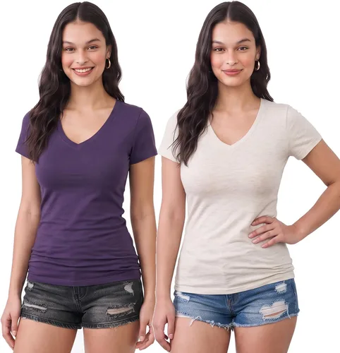 Vista 129 de Emmalise Camiseta de manga corta para mujer, cuello en V, tallas junior y plus