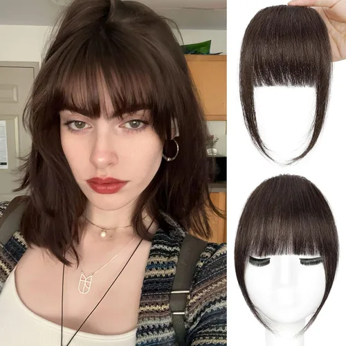 Vista 15 de BOGSEA Flequillo con clip, flequillo falso de cabello humano 100% real con clip, extensiones de cabello con fleco y sienes, postizos para mujeres