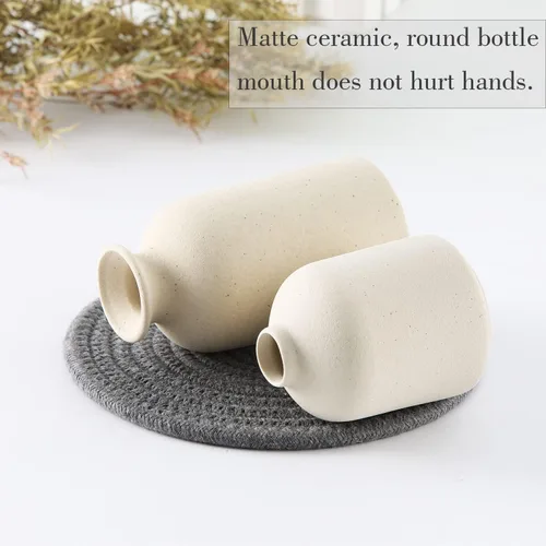 Vista 5 de CEMABT Juego de 3 jarrones de cerámica beige pequeños para decoración, decoración moderna boho de granja para el hogar, jarrón decorativo