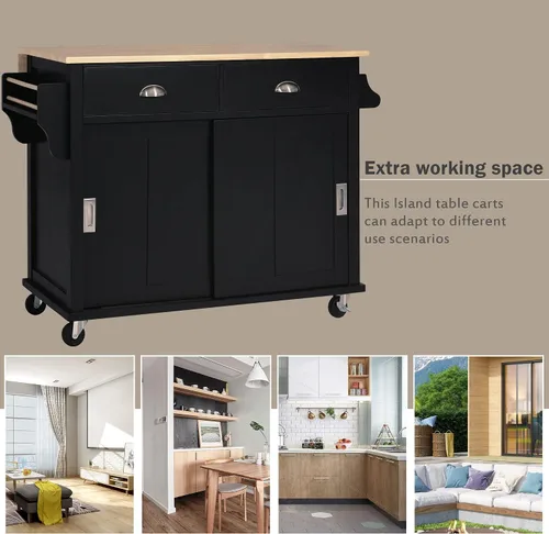 Vista 7 de Olela Carrito de isla de cocina con hojas colgantes de madera, mesa de cocina rodante con armario de almacenamiento y toallero, estante ajustable