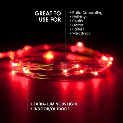 Vista 5 de Guirnalda de 30 luces LED de color rojo, alambre plateado, para interiores y exteriores, 9.5 pies, luces de hadas estrelladas de luciérnaga