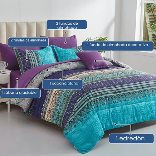 Vista 2 de Cottolester - Juego de edredón bohemio de tamaño matrimonial, 8 piezas, ropa de cama de microfibra suave en una bolsa, rayada y de color aguamarina