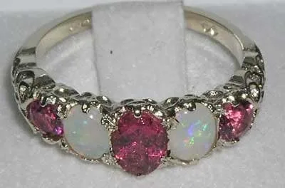 Vista 4 de Anillo de plata de ley 925 auténtica auténtica turmalina rosa y ópalo para mujer