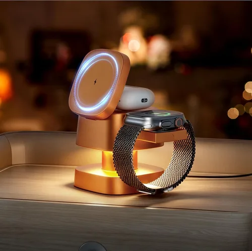 Vista 9 de 【Actualizado 2026】Cargador inalámbrico 4 en 1, estación de carga inalámbrica 3 en 1 con luz nocturna para cargador MagSafe, soporte de viaje Gris