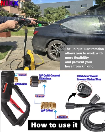 Vista 5 de NIXX Pistola de lavado a presión con varilla de extensión de lavado eléctrico 4000PSI, 5 puntas de boquilla de pulverizador, juego de adaptadores