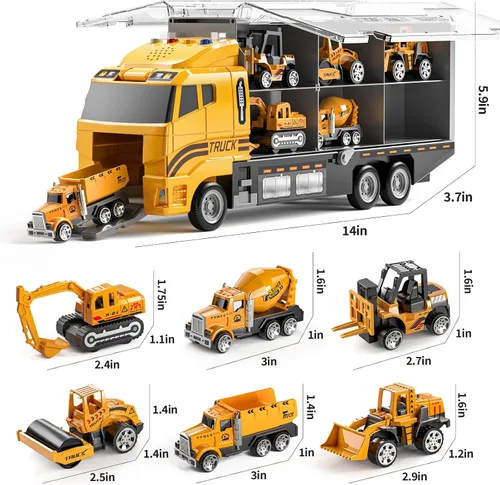 Vista 2 de TEMI Juguetes para Niños Pequeños de 3 4 5 6 Años Niños, Set de Juguetes de Construcción de Vehículos Fundidos a Presión con Transportador de Autos