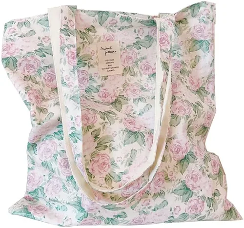 Vista 42 de Floral Canvas Tote Bag Double-Sided Printed Cloth Cotton Tote Floral Shoulder Bags for Beach Travel Shopping Grocery