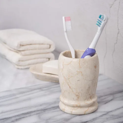 Vista 7 de Creative Home Colección de doble anillo de mármol champán natural, soporte para cepillos de dientes, soporte para brochas de maquillaje, organizador