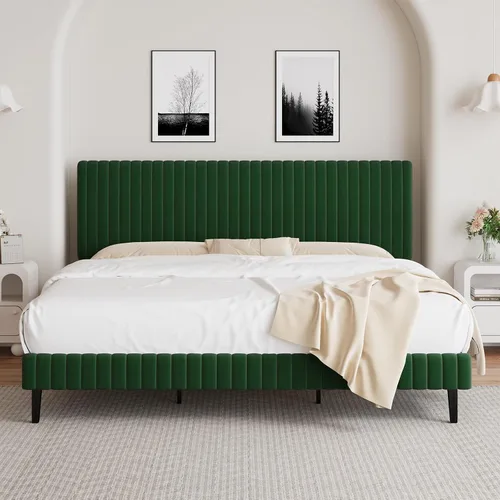 Vista 10 de BarnFurin Marco de Cama Individual, Cama Plataforma Tapizada en Terciopelo con Cabecero y Pie de Cama con Canales Verticales Acolchados, No Requiere