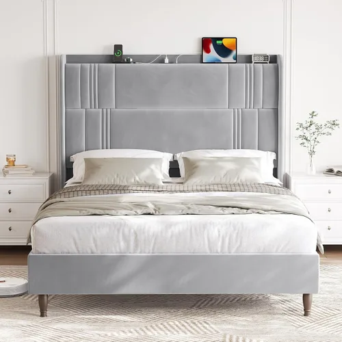 Vista 12 de Base de cama tamaño Queen con cabecera alta, plataforma tapizada de 52 pulgadas con estación de carga, marco de cama de terciopelo de lujo, cabecera
