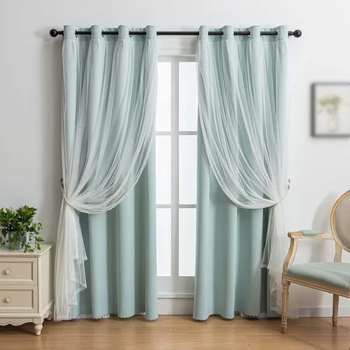 Vista 10 de indistar Cortinas Oscuras para el Hogar de Doble Capa con Capa Sólida y Transparente, Par de Paneles de Cortina con Ojales en la Parte Superior, 52