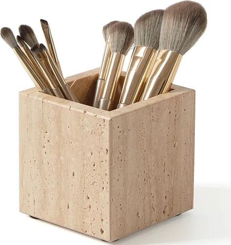 Vista 8 de Portacepillos de mármol natural lujoso real y organizador de brochas de maquillaje y soporte para bolígrafos para escritorio, portautensilios