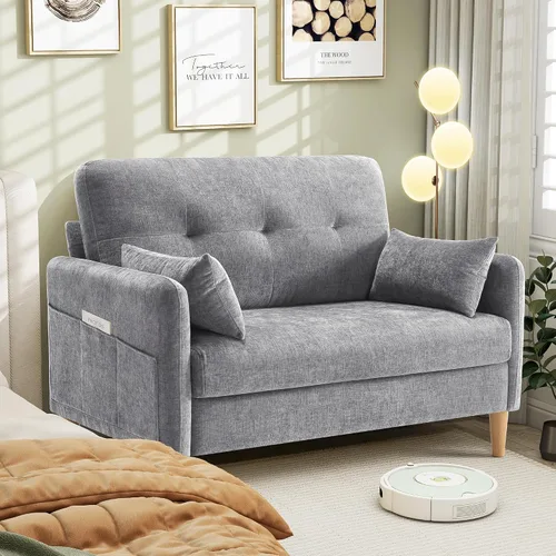 Vista 9 de Hanherry Sofá Loveseat, Sofá Pequeño de 47" para Sala de Estar, Cómodo Asiento de Amor de Tela Chenilla para Dormitorio con Almohada Decorativa
