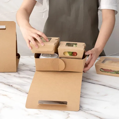 Vista 8 de Restaurantware Bio Tek - Loncheras de papel de 8.75 x 4.25 x 8 pulgadas con asas, 100 recipientes desechables de papel kraft para alimentos