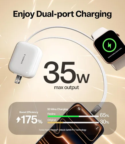 Vista 8 de Torras FlexLine Cargador retráctil, 35 W GaN III USB-C bloque de cargador con puertos duales, cargador de teléfono de carga rápida para iPhone