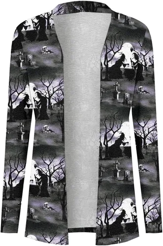 Vista 7 de Womens Halloween Long Sleeve Open Front Cardigan Funny Cute Pumpkin Black Cat Ghost Graphic Soft Lightweight Tops