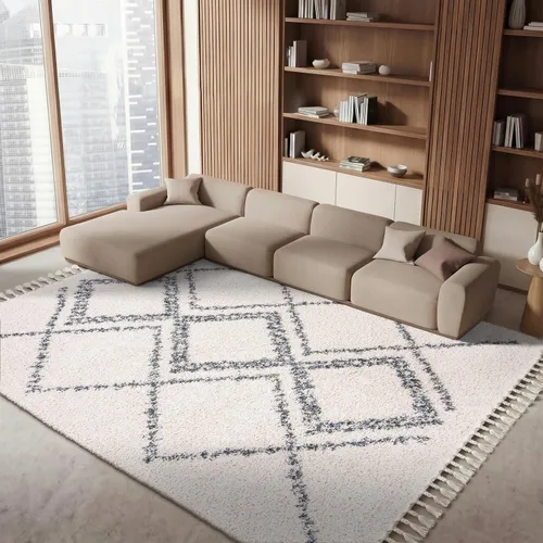 Vista 27 de SAFAVIEH Pro Luxe Shag Collection - Alfombra de pasillo, 2 pies 6 pulgadas x 6 pies, color crema y azul, diseño de borlas bohemias, no desprende