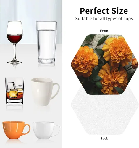Vista 4 de 4Pcs Drink Coasters for Drinks Tabletop Protection, Marigold Leather Coaster for Kinds of Cups, Absorbent Cup Coaster for Coffee Table Home Decor 4