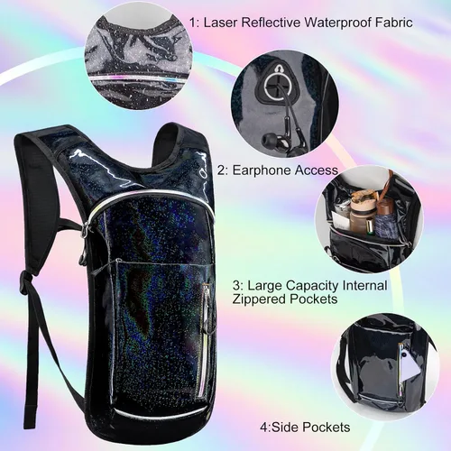 Vista 4 de Mochila de hidratación, mochila de agua con vejiga de agua de 2 L, paquete de hidratación esencial para festivales y rave, aislamiento ligero