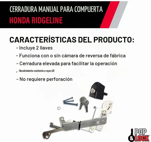 Vista 2 de Cerradura manual de puerta trasera Pop & Lock para Honda Ridgeline, Negro