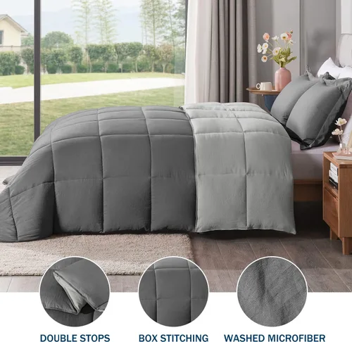 Vista 3 de LOVTEX Juego de edredón de 3 piezas, microfibra lavada ultrasuave, alternativa reversible al plumón con 2 fundas de almohada (gris/carbón)