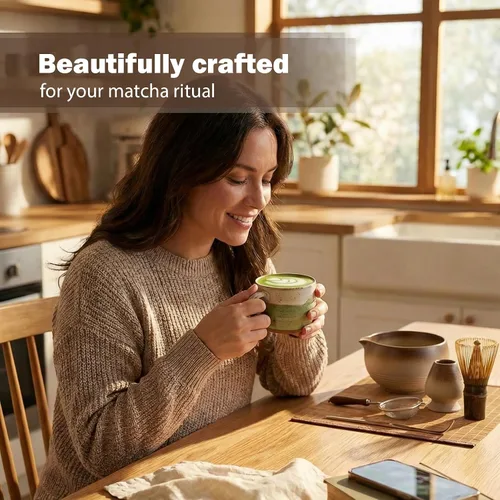 Vista 3 de Juego de batidor de matcha, kit de 5 piezas con cuenco de cerámica matcha, batidor de bambú, cuchara, juego completo de té Matcha perfecto