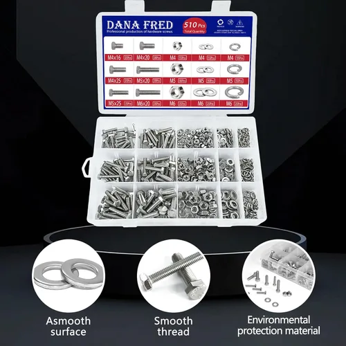 Vista 3 de Kit de 510 tornillos y tuercas M4 M5 M6 – Surtido de tornillos de cabeza hexagonal de acero inoxidable 304 con arandelas planas y de resorte, 15