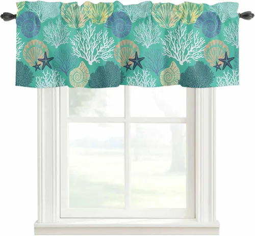 Vista 28 de Cenefa de amarre para ventanas, cortinas náuticas costeras de coral, cenefas con bolsillo para barra, cortinas de ventana con temática de playa