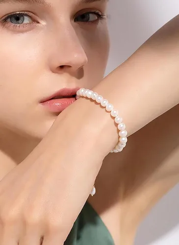 Vista 4 de Cowlyn Bossimi - Pulsera de perlas, eslabones de cultura barroca, chapado en oro de 14 quilates, ajustable, a la moda, dije de San Valentín, joyería