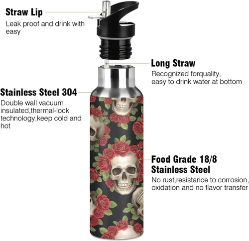 Vista 3 de BPA-Free Sport Water Bottle 32 Oz, Stainless Steel Water Bottle for Gym Outdoor Travel School, Skulls Vibrant Red Roses