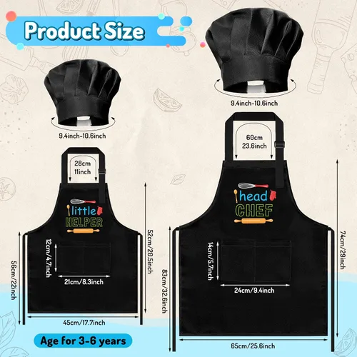 Vista 3 de R HORSE Juego de delantal y gorro de chef para adultos y niños - 4 piezas, delantal y gorro de cocina ajustables para padres e hijos, juguete