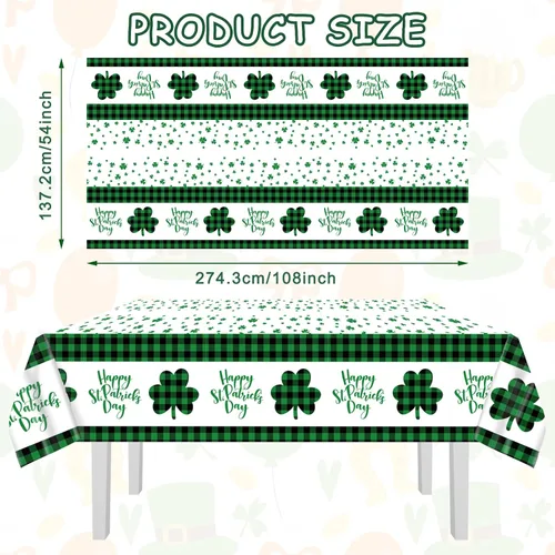 Vista 2 de Whaline 3 manteles desechables para el día de San Patricio, color verde y negro, a cuadros, trébol, trébol, rectangular, de plástico, mantel