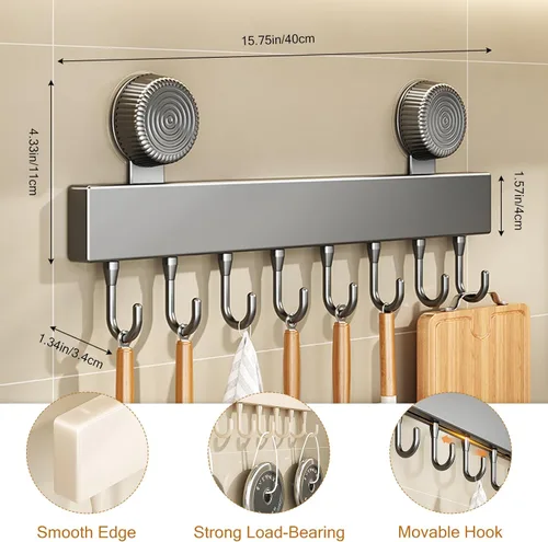 Vista 2 de Ganchos de pared de cocina con 8 ganchos – Soporte organizador de utensilios de cocina montado en la pared para colgar ollas, sartenes, toallas