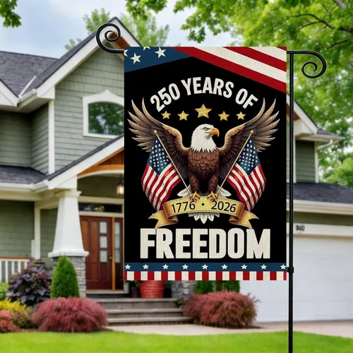 Vista 2 de Banderas de jardín con el 250 aniversario de Estados Unidos para exteriores, bandera de Estados Unidos con diseño de águila, decoración patriótica