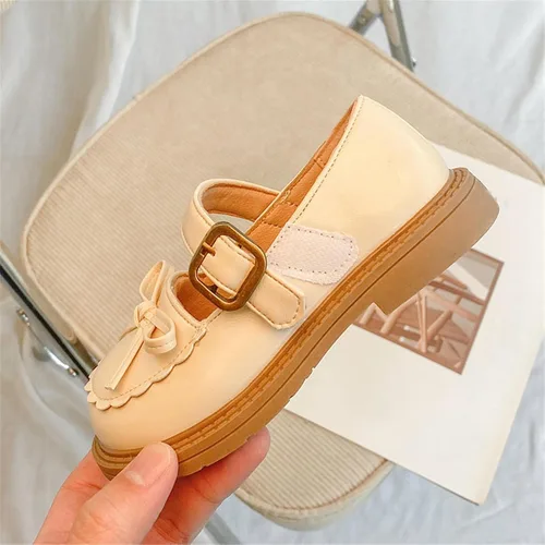 Vista 2 de Sandalias para niñas con diseño de lazo de cuero, punta redonda suave, zapatos planos para vestido de princesa