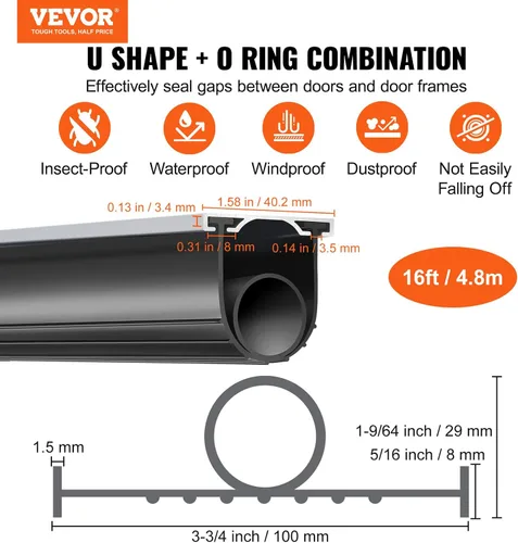 Vista 2 de VEVOR Sellos para puerta de garaje, goma inferior, en forma de U + anillo O combinado, burlete para puerta de garaje con kit de retención de riel