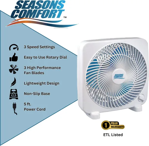 Vista 5 de Seasons Comfort Ventilador de caja de mesa de 9 pulgadas, 3 velocidades, ventilador de mesa silencioso con fuerte flujo de aire, ventilador de caja