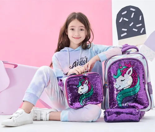 Vista 5 de Rolling Backpack for Girls Kids Luggage Wheels Laptop Suitcase for Elementary Students